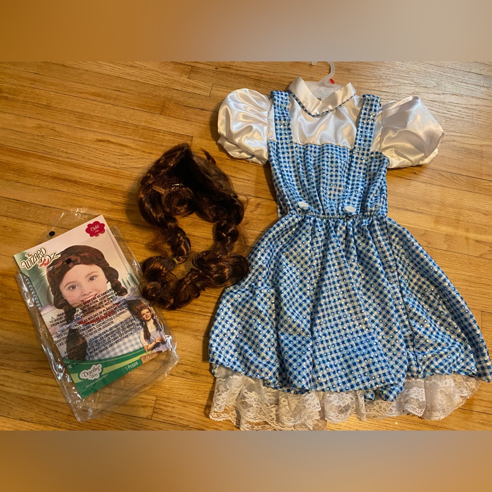 Dorothy Wizard of Oz Costume Blue and White Checkered Dress with Wig Size 6-8